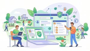 Современная иллюстрация с цифровыми инструментами для проверки членства в реестре СНТ Москворечье онлайн